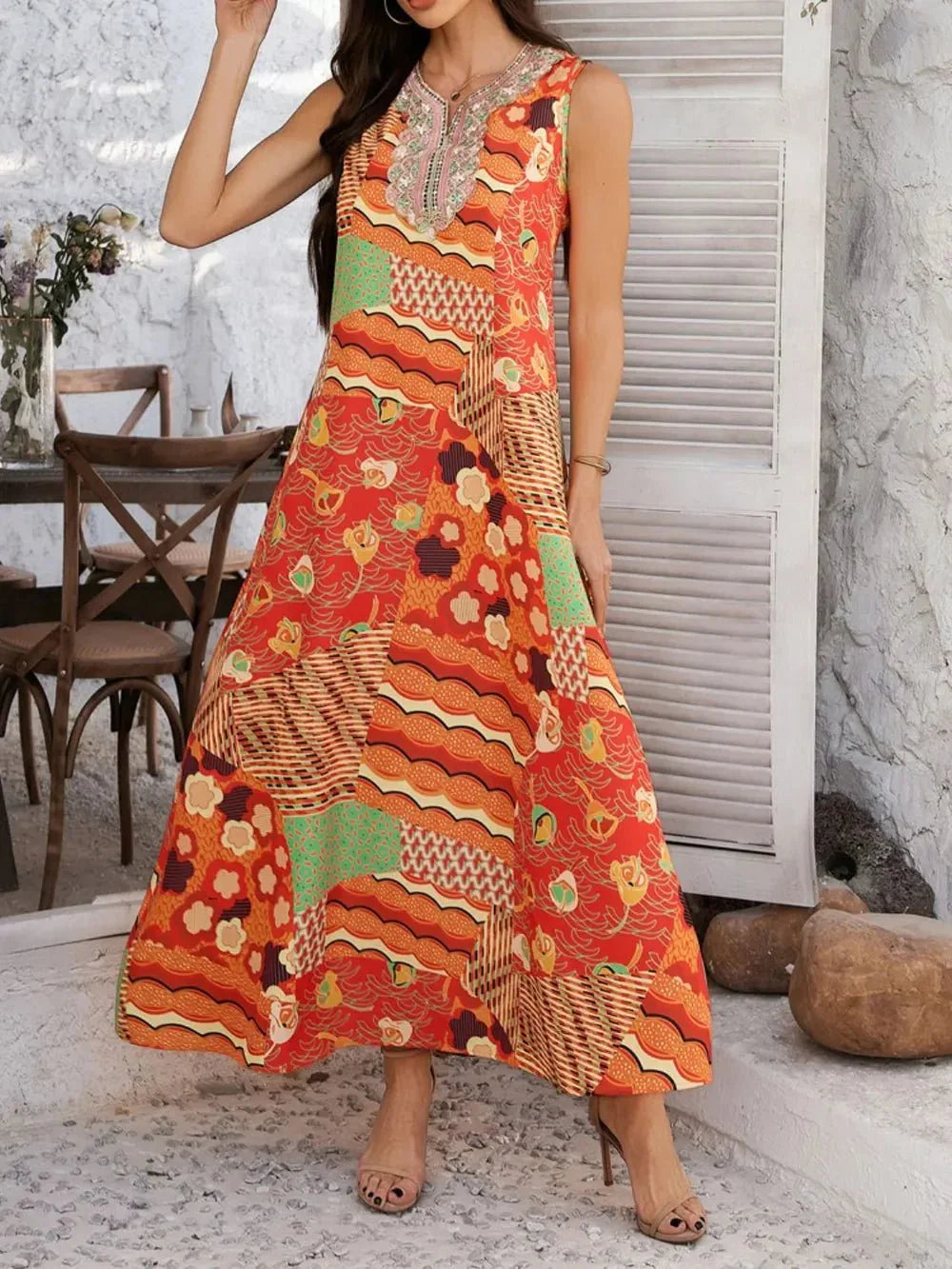 Devine Printed Sleeveless Maxi Dress - VILLA FASHION