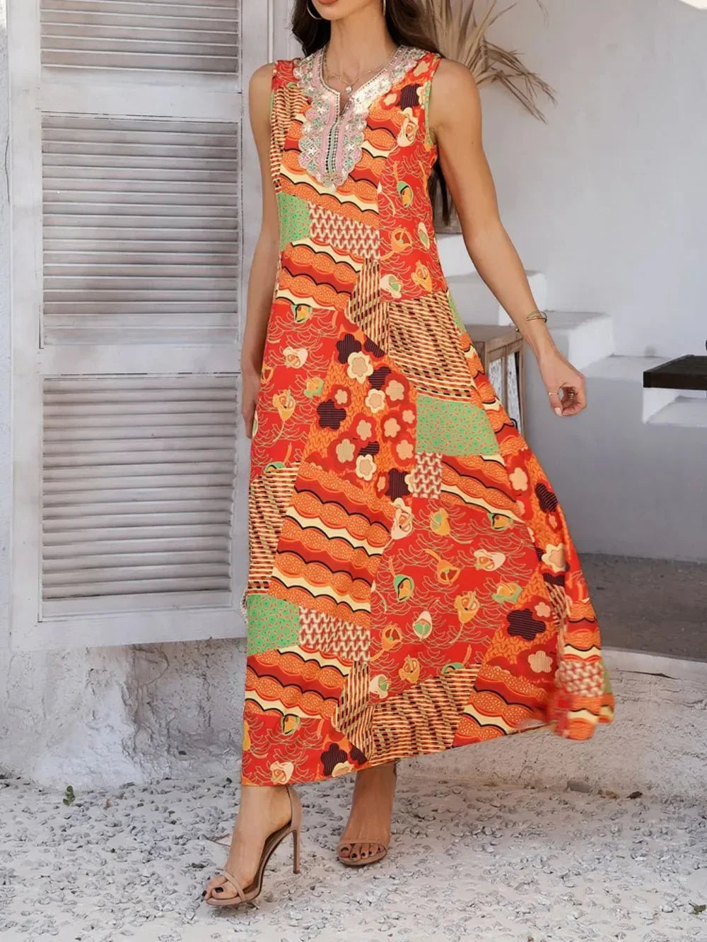 Devine Printed Sleeveless Maxi Dress - VILLA FASHION