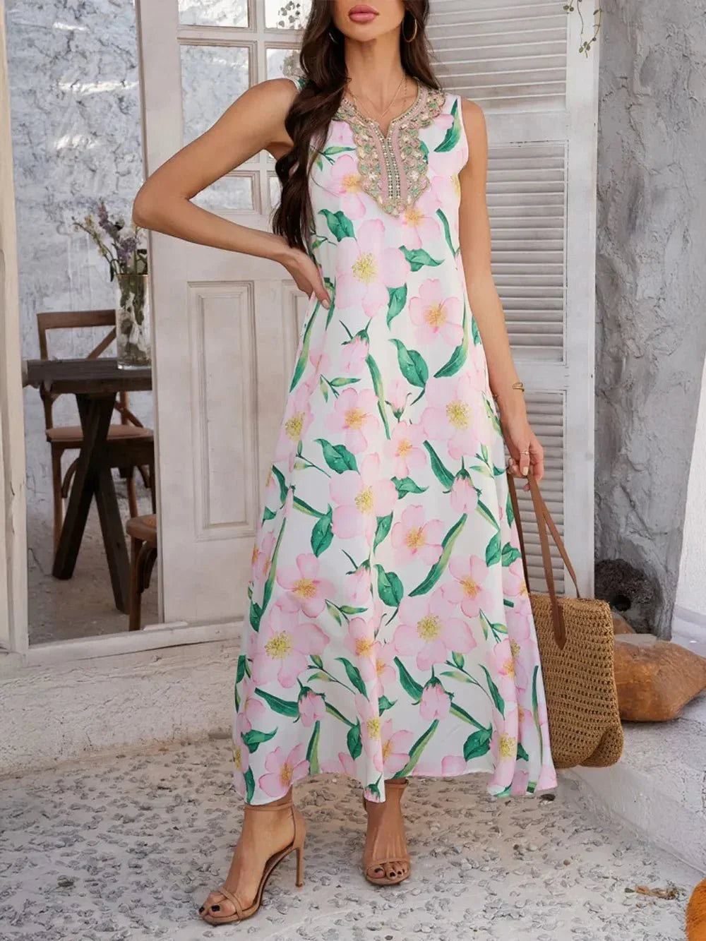 Devine Printed Sleeveless Maxi Dress - VILLA FASHION