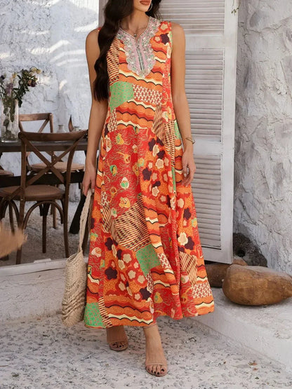 Devine Printed Sleeveless Maxi Dress - VILLA FASHION