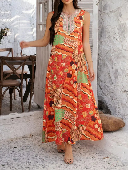 Devine Printed Sleeveless Maxi Dress - VILLA FASHION