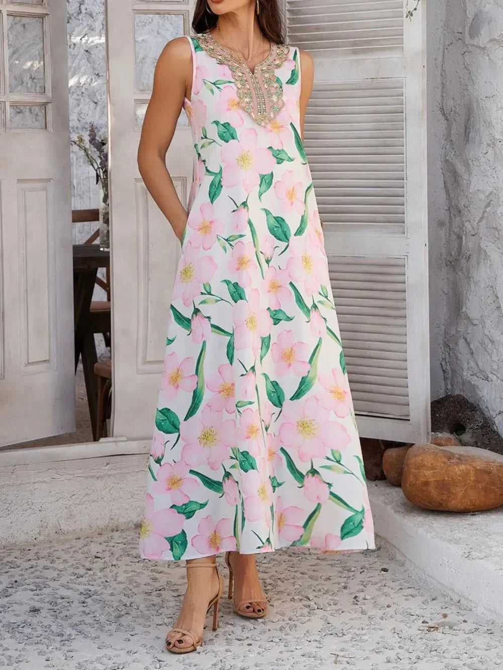 Devine Printed Sleeveless Maxi Dress - VILLA FASHION