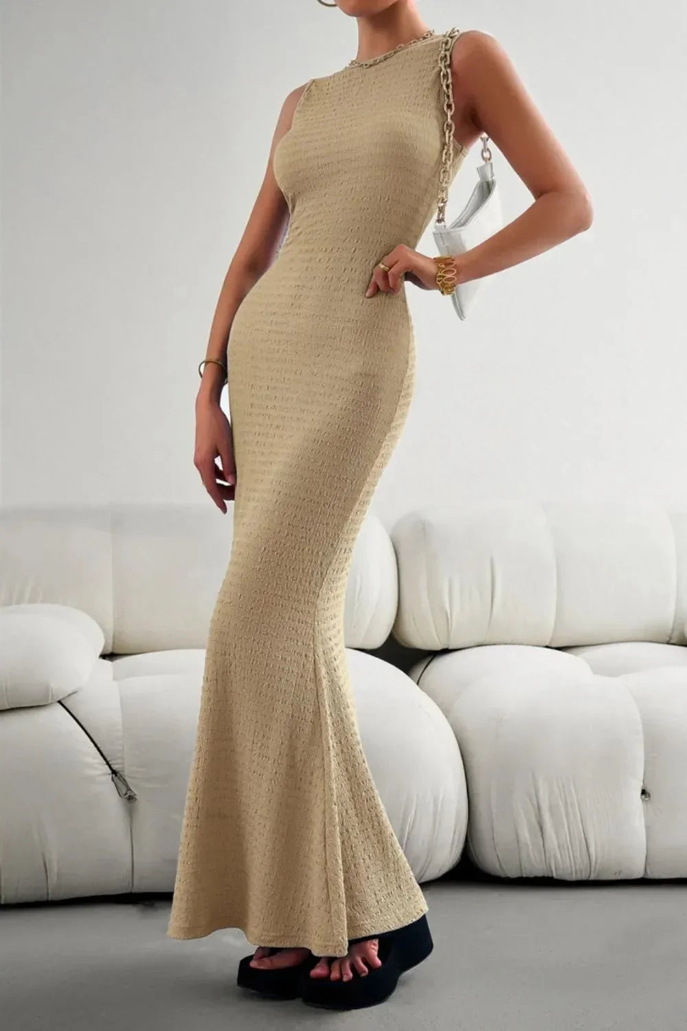 Devine Round Neck Sleeveless Maxi Fishtail Dress - VILLA FASHION