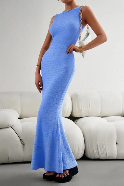Devine Round Neck Sleeveless Maxi Fishtail Dress - VILLA FASHION
