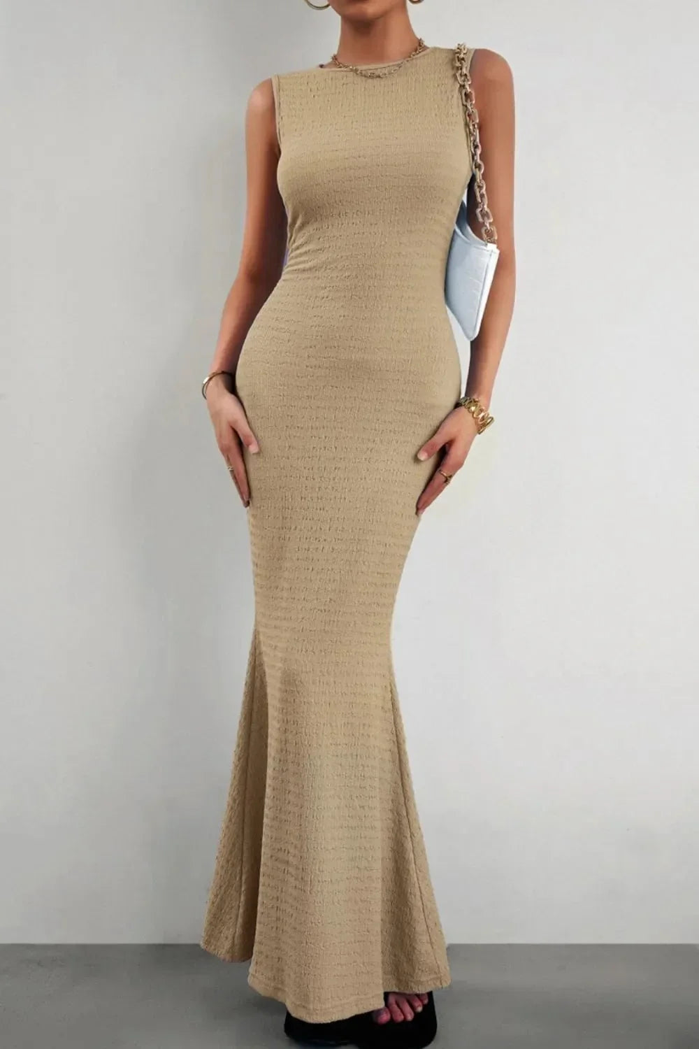 Devine Round Neck Sleeveless Maxi Fishtail Dress - VILLA FASHION
