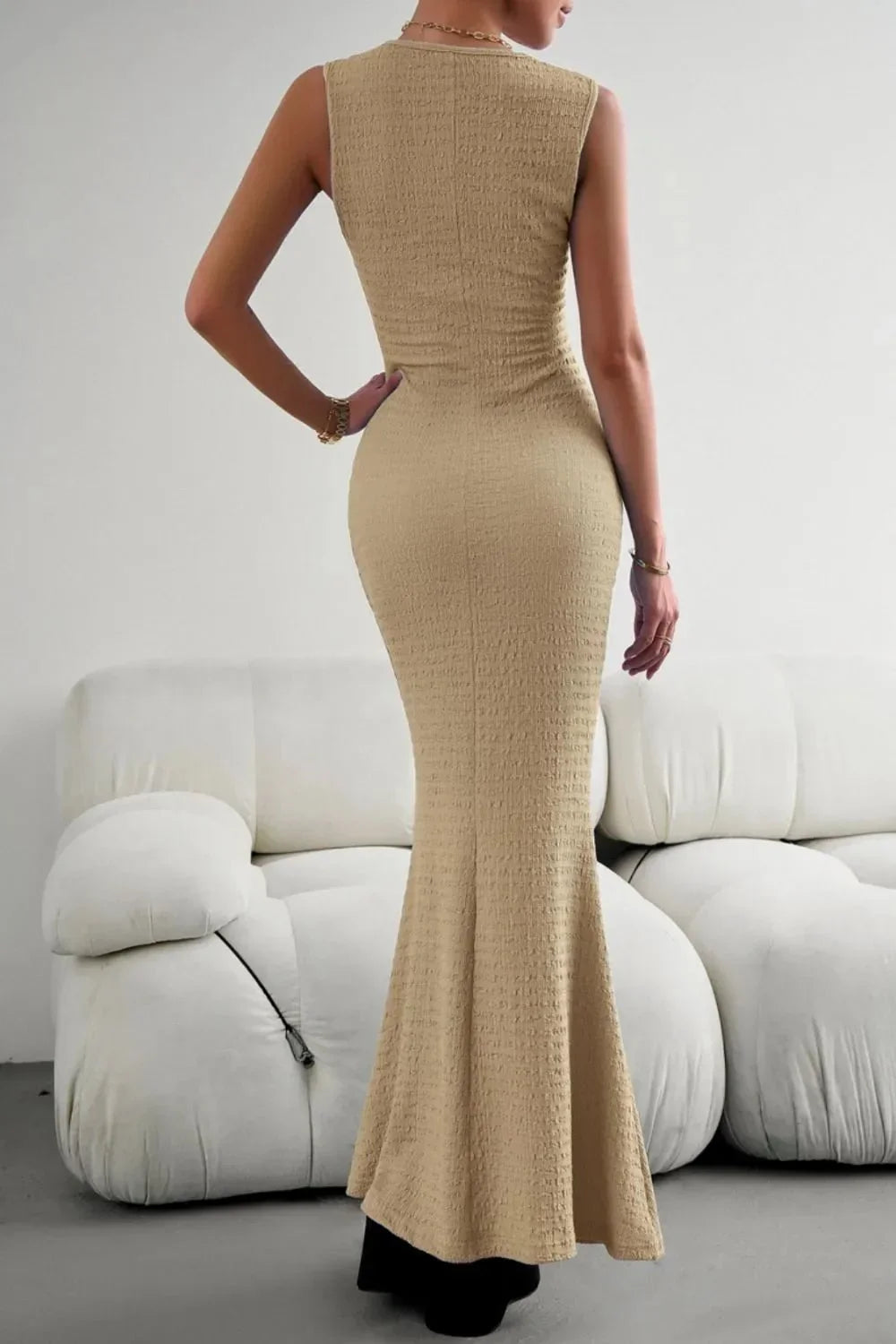 Devine Round Neck Sleeveless Maxi Fishtail Dress - VILLA FASHION