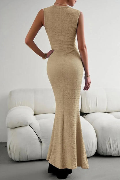 Devine Round Neck Sleeveless Maxi Fishtail Dress - VILLA FASHION