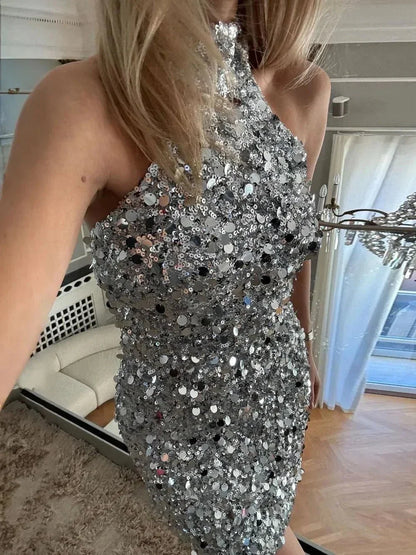 Devine Sequin Halter Neck Mini Dress - VILLA FASHION