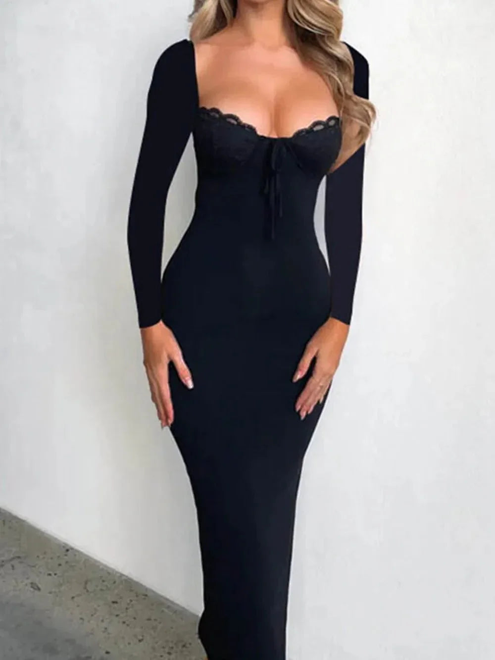 Devine Slit Lace Detail Sweetheart Neck Long Sleeve Maxi Dress - VILLA FASHION