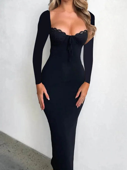 Devine Slit Lace Detail Sweetheart Neck Long Sleeve Maxi Dress - VILLA FASHION