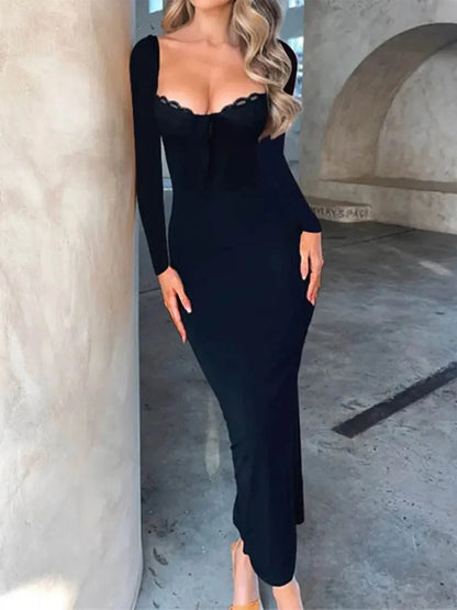 Devine Slit Lace Detail Sweetheart Neck Long Sleeve Maxi Dress - VILLA FASHION