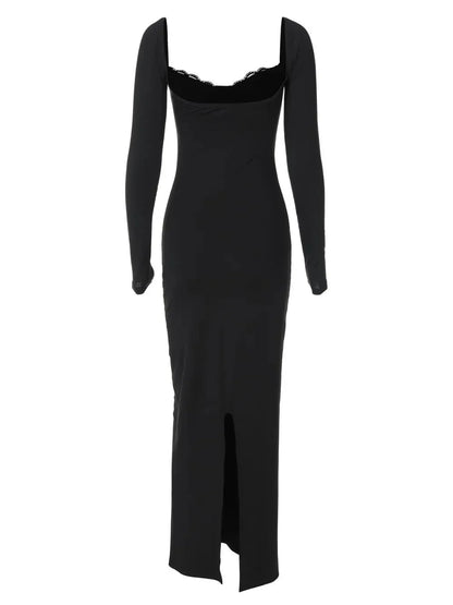 Devine Slit Lace Detail Sweetheart Neck Long Sleeve Maxi Dress - VILLA FASHION