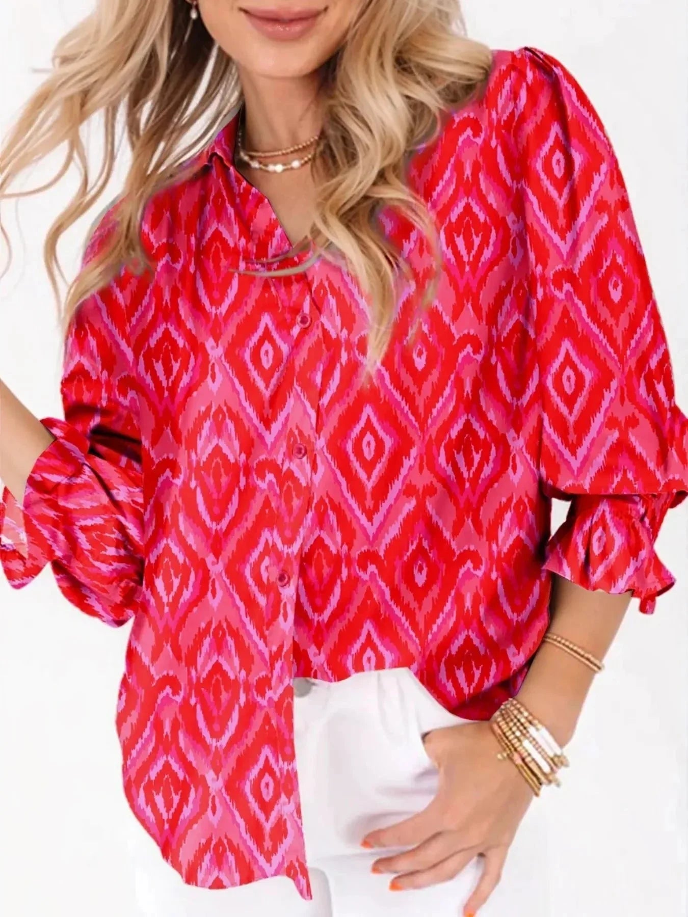 Diamond Print Flounce Sleeve Shirt - VILLA FASHION