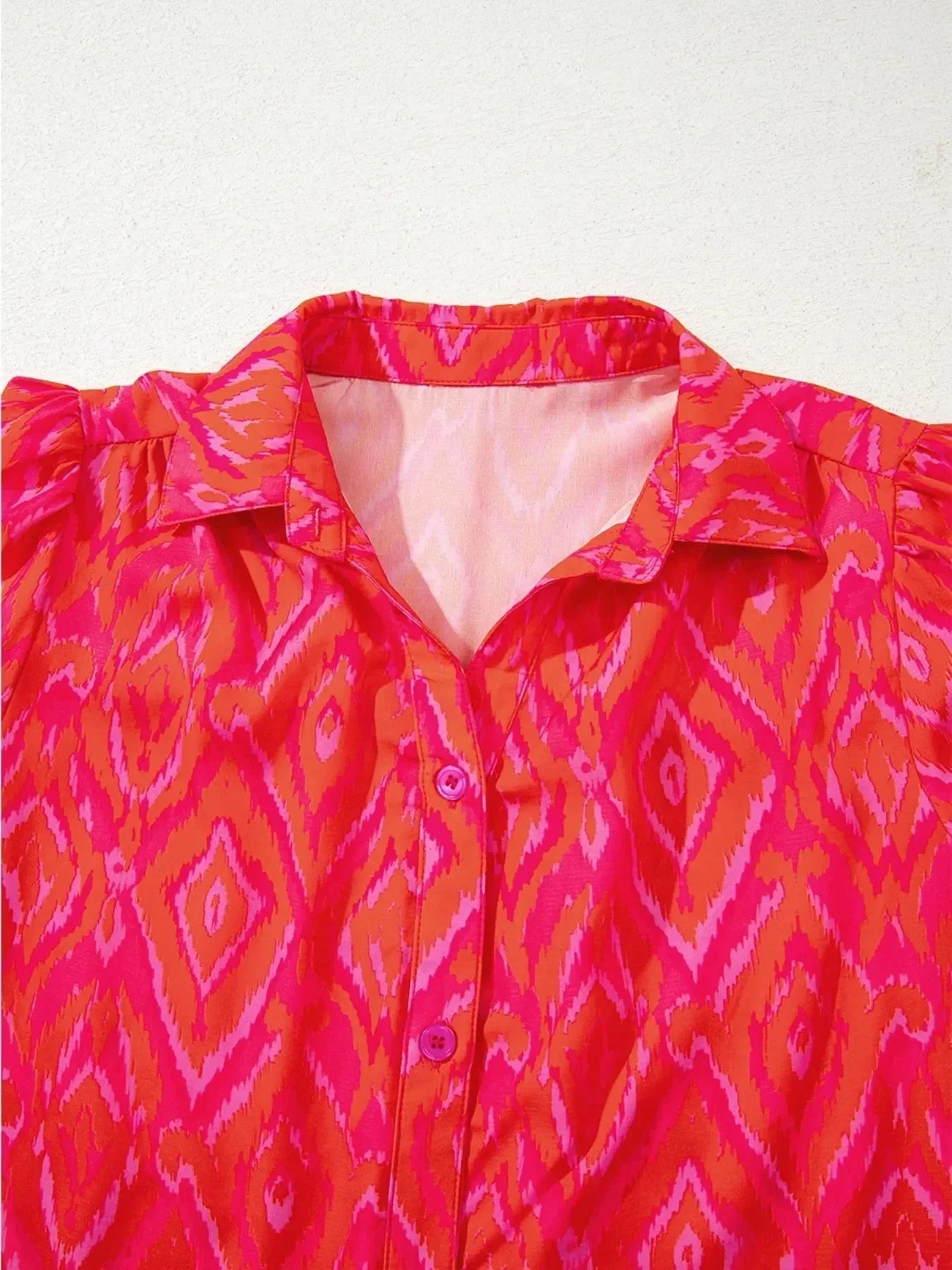 Diamond Print Flounce Sleeve Shirt - VILLA FASHION