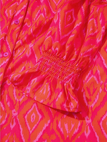 Diamond Print Flounce Sleeve Shirt - VILLA FASHION