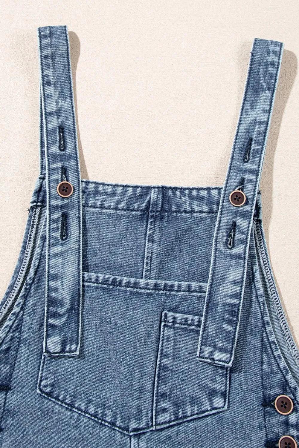 Distressed Bib Pocket Wide Leg Denim Overalls - VILLA FASHION