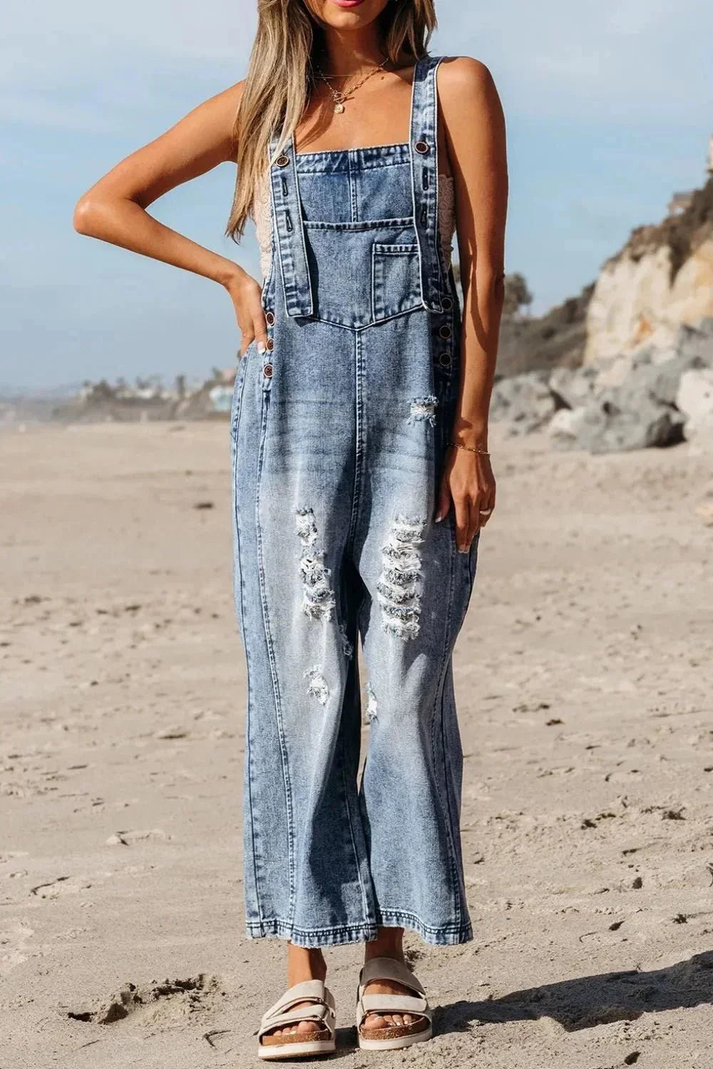 Distressed Bib Pocket Wide Leg Denim Overalls - VILLA FASHION
