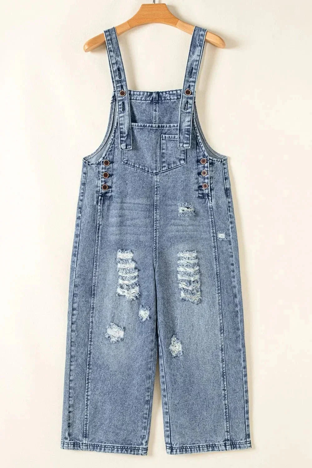 Distressed Bib Pocket Wide Leg Denim Overalls - VILLA FASHION