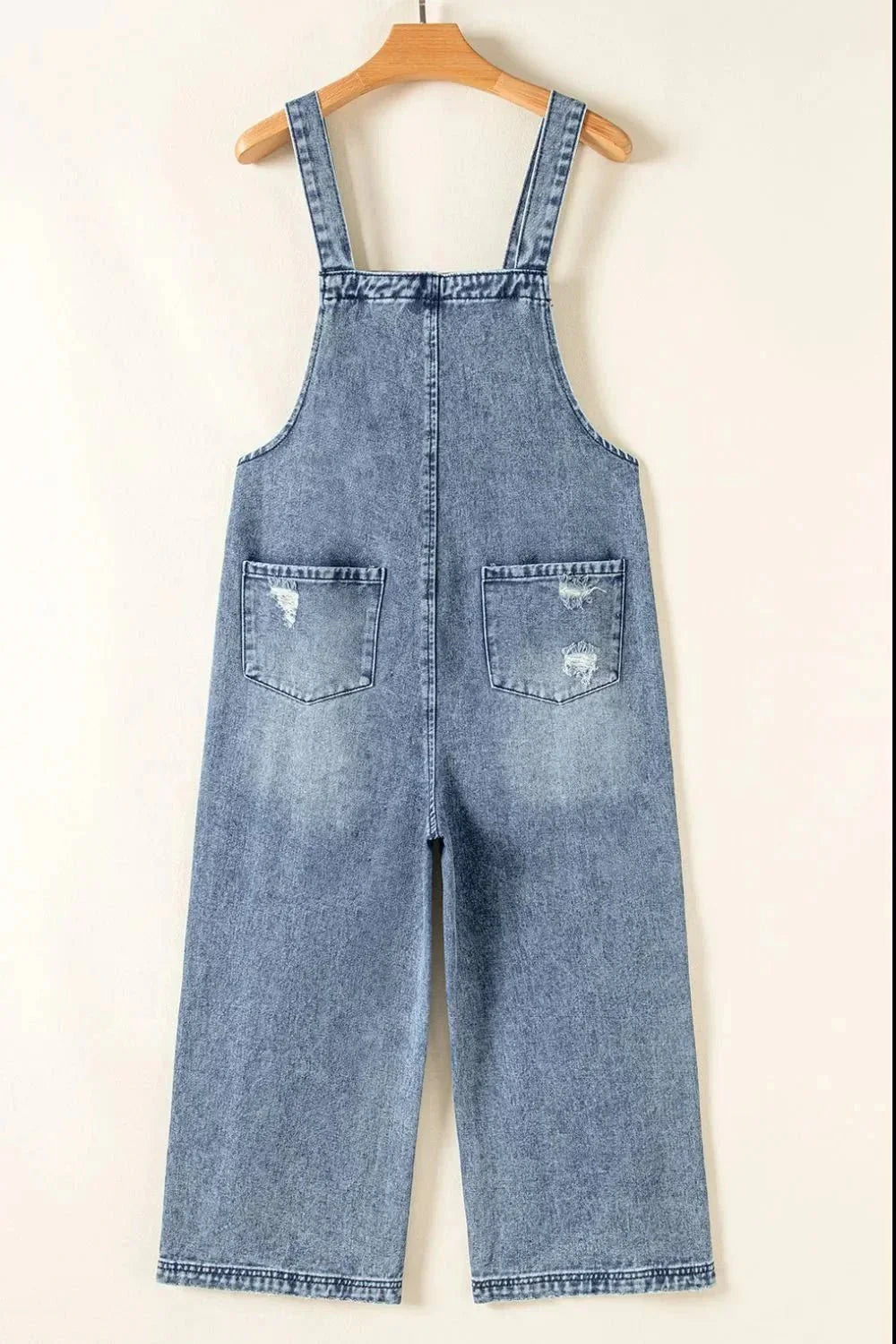 Distressed Bib Pocket Wide Leg Denim Overalls - VILLA FASHION