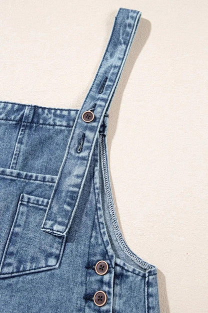 Distressed Bib Pocket Wide Leg Denim Overalls - VILLA FASHION