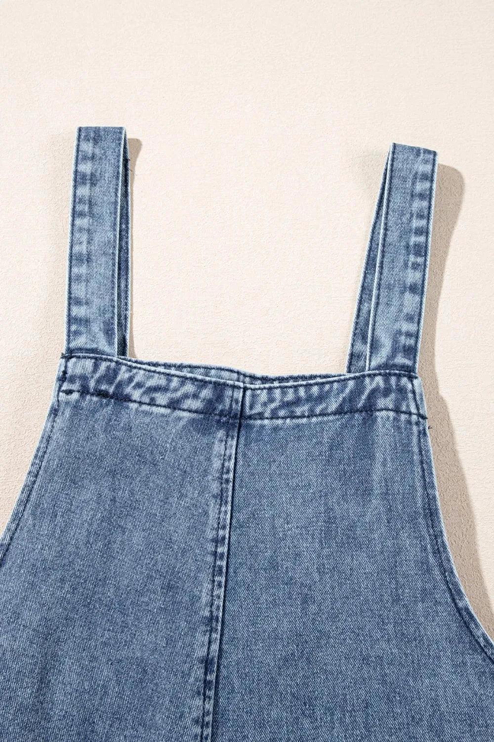 Distressed Bib Pocket Wide Leg Denim Overalls - VILLA FASHION