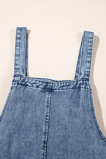 Distressed Bib Pocket Wide Leg Denim Overalls - VILLA FASHION