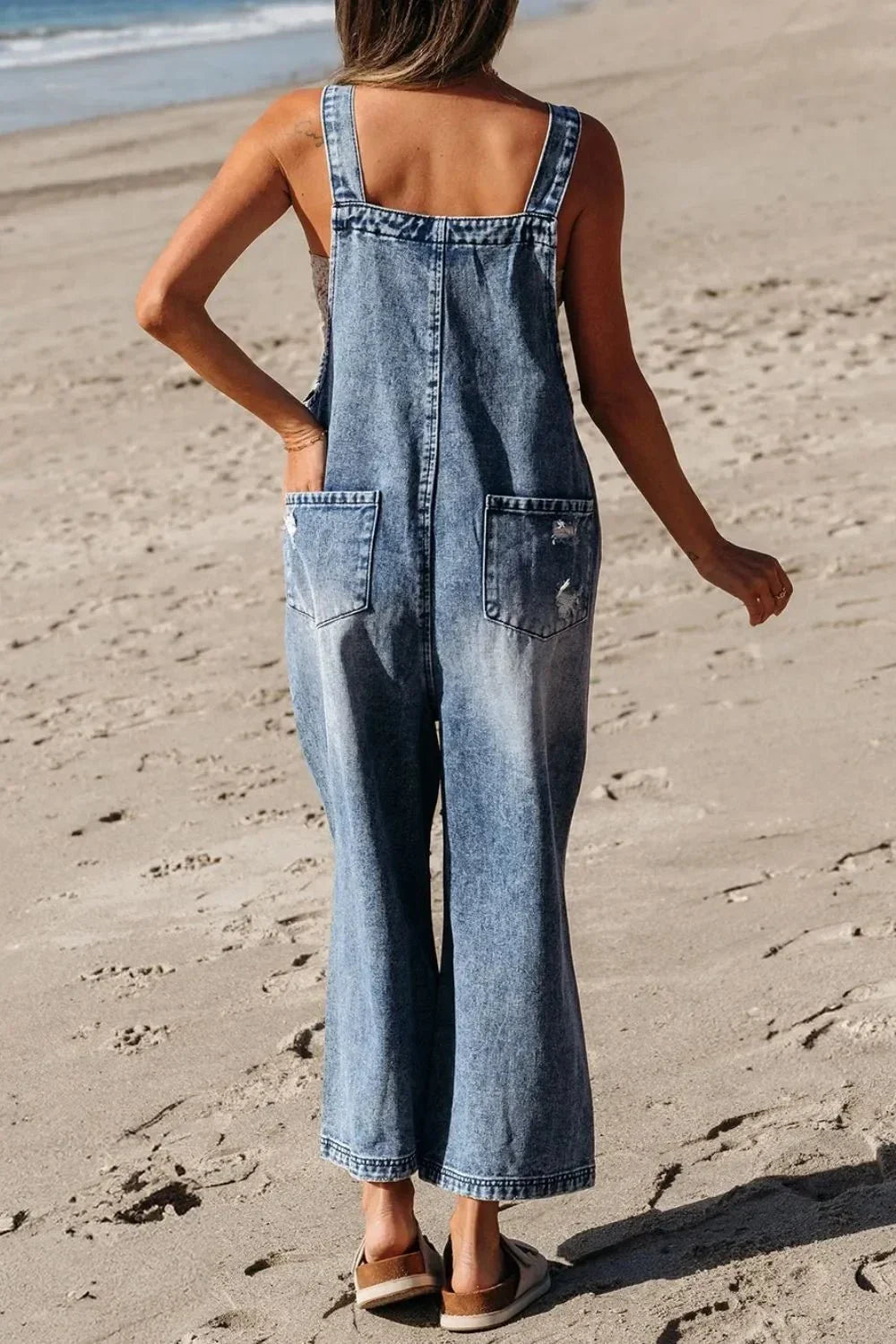 Distressed Bib Pocket Wide Leg Denim Overalls - VILLA FASHION