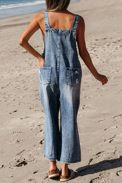 Distressed Bib Pocket Wide Leg Denim Overalls - VILLA FASHION