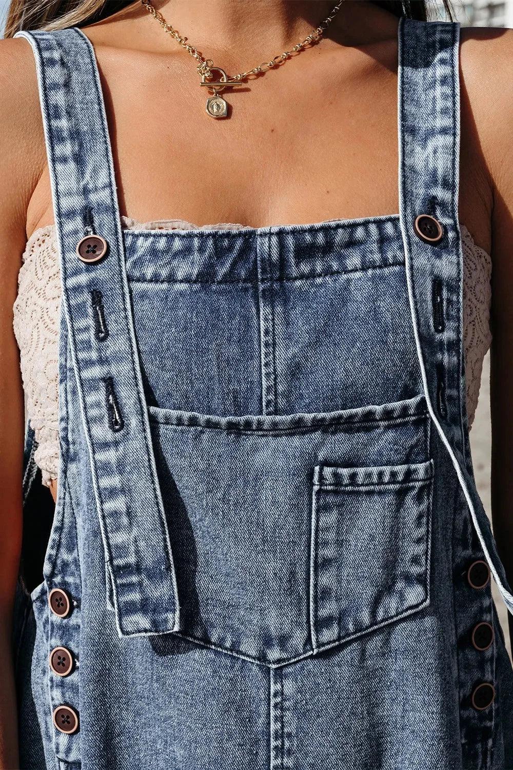 Distressed Bib Pocket Wide Leg Denim Overalls - VILLA FASHION