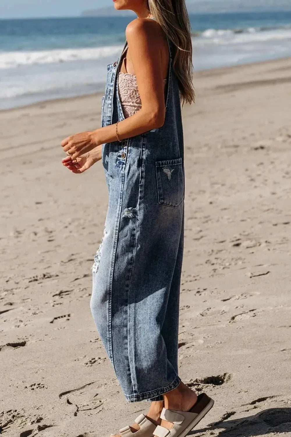 Distressed Bib Pocket Wide Leg Denim Overalls - VILLA FASHION