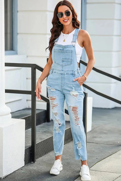 Distressed Denim Overalls with Pockets - VILLA FASHION