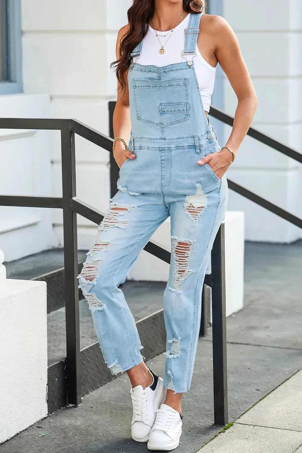 Distressed Denim Overalls with Pockets - VILLA FASHION