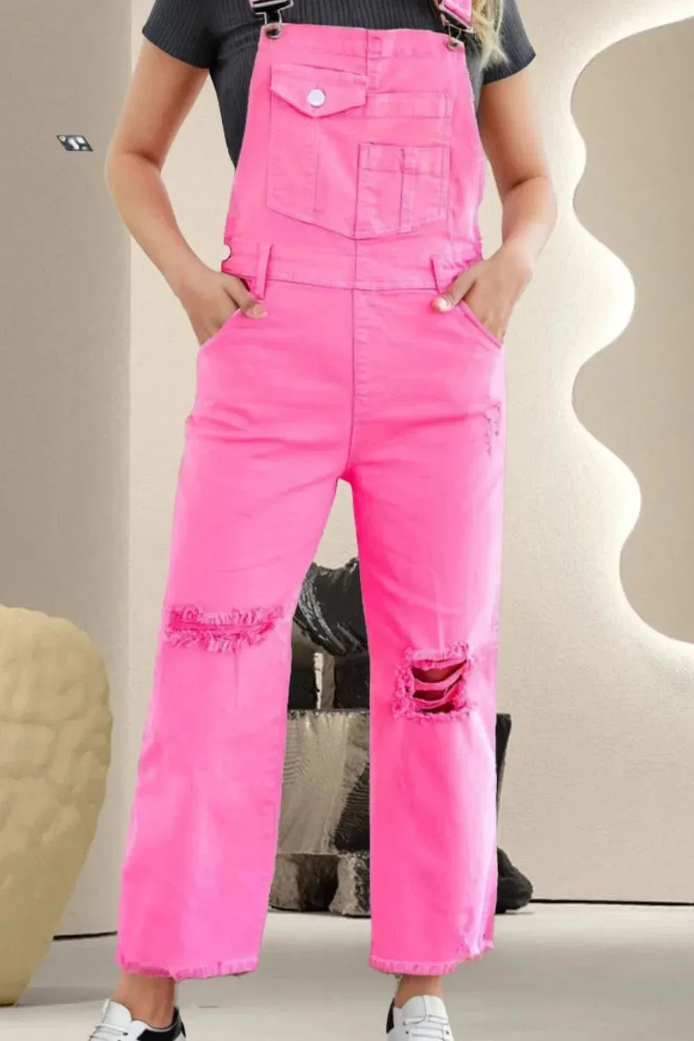Distressed Pocketed Wide Strap Denim Overalls - VILLA FASHION