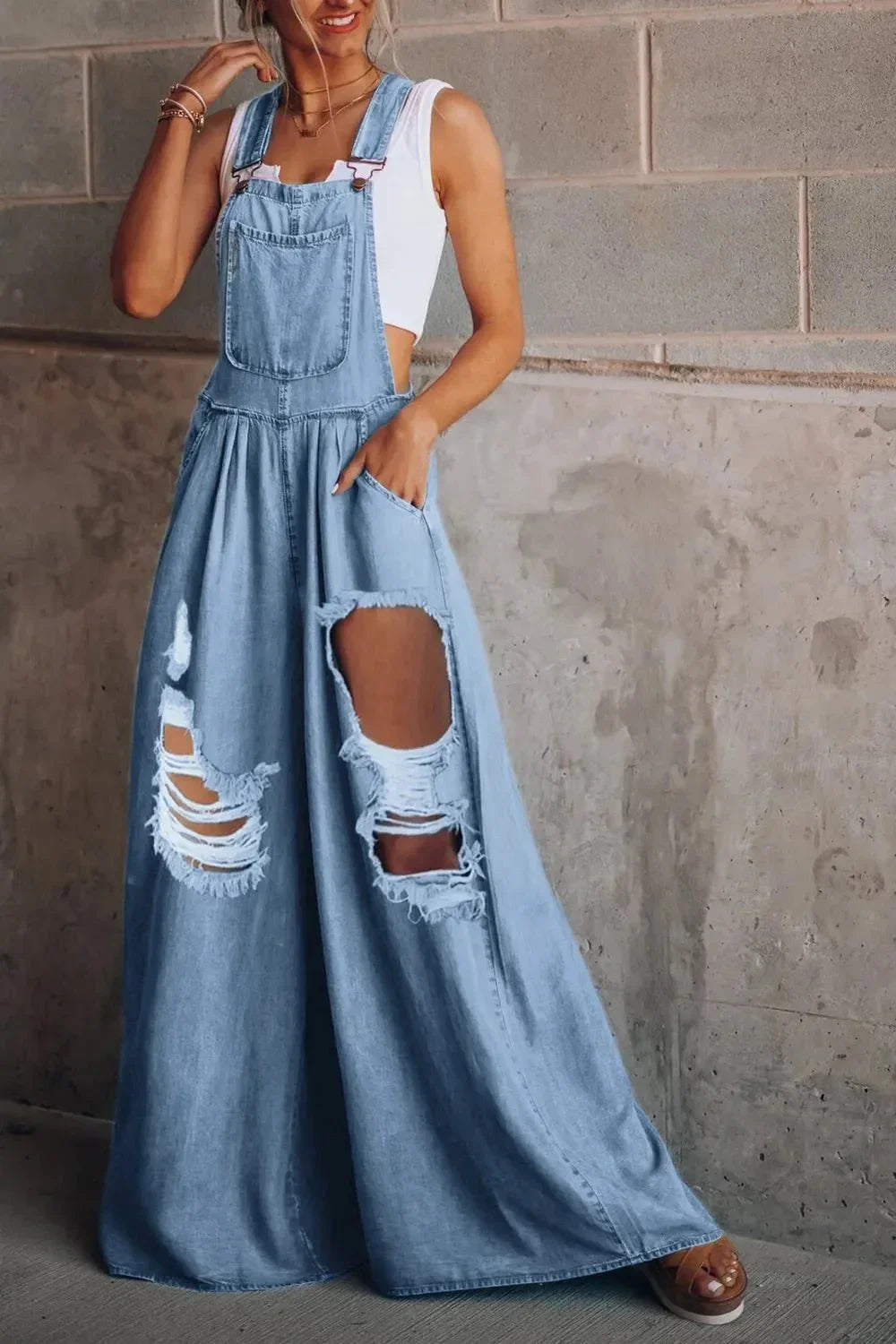 Distressed Wide Leg Denim Overalls - VILLA FASHION