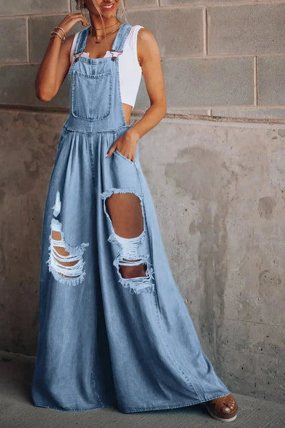 Distressed Wide Leg Denim Overalls - VILLA FASHION