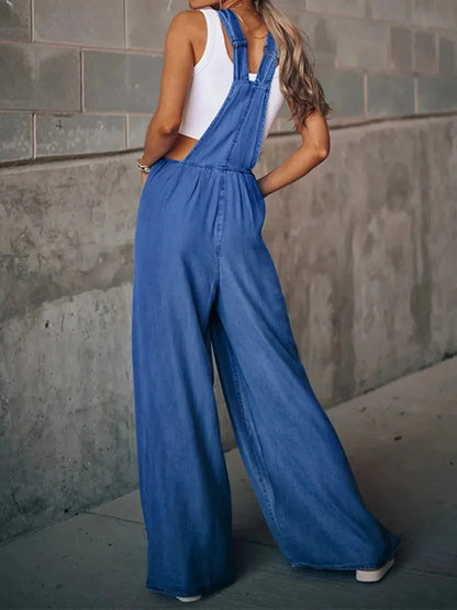 Distressed Wide Leg Denim Overalls - VILLA FASHION
