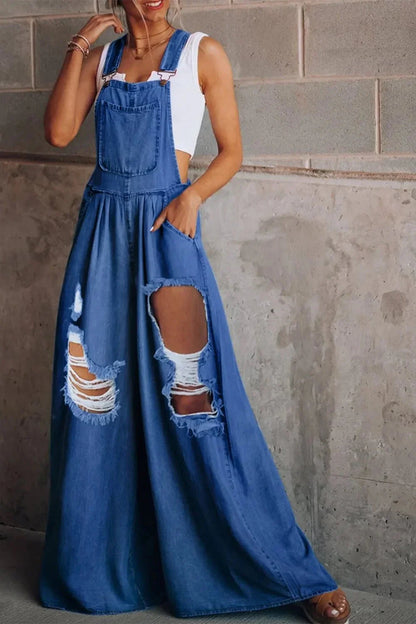 Distressed Wide Leg Denim Overalls - VILLA FASHION