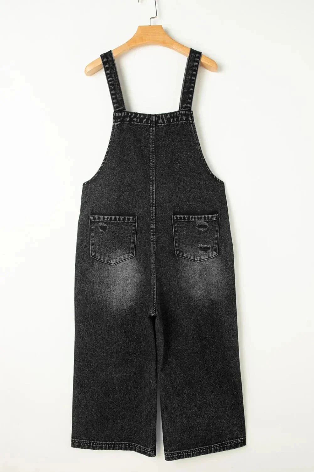 Distressed Wide Strap Denim Overalls - VILLA FASHION