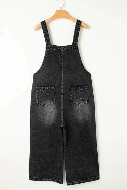 Distressed Wide Strap Denim Overalls - VILLA FASHION