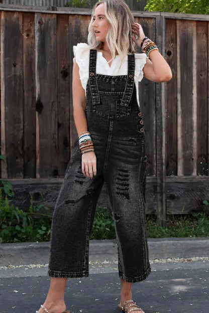 Distressed Wide Strap Denim Overalls - VILLA FASHION