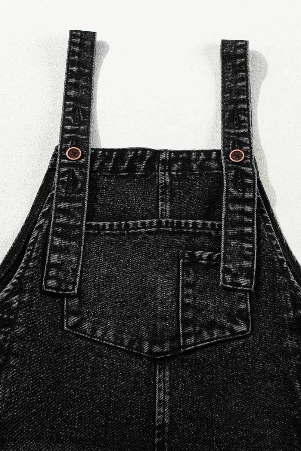 Distressed Wide Strap Denim Overalls - VILLA FASHION