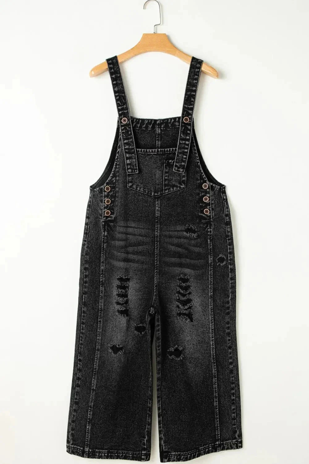 Distressed Wide Strap Denim Overalls - VILLA FASHION