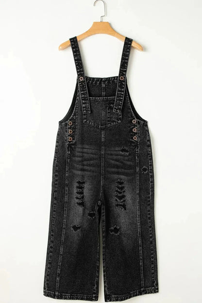 Distressed Wide Strap Denim Overalls - VILLA FASHION