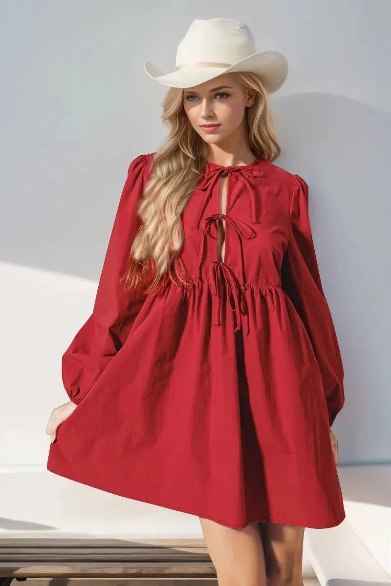 Double Take Christmas Front Tied Long Sleeve Mini Dress - VILLA FASHION