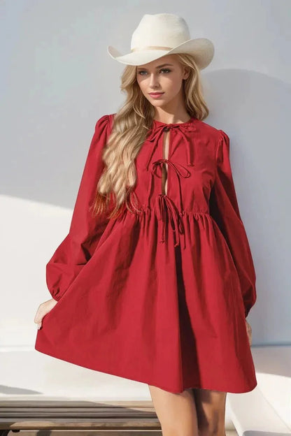 Double Take Christmas Front Tied Long Sleeve Mini Dress - VILLA FASHION