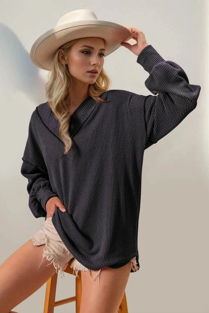Double Take Exposed Seam Ribbed Textured V - Neck Long Sleeve T-Shirt - VILLA FASHION