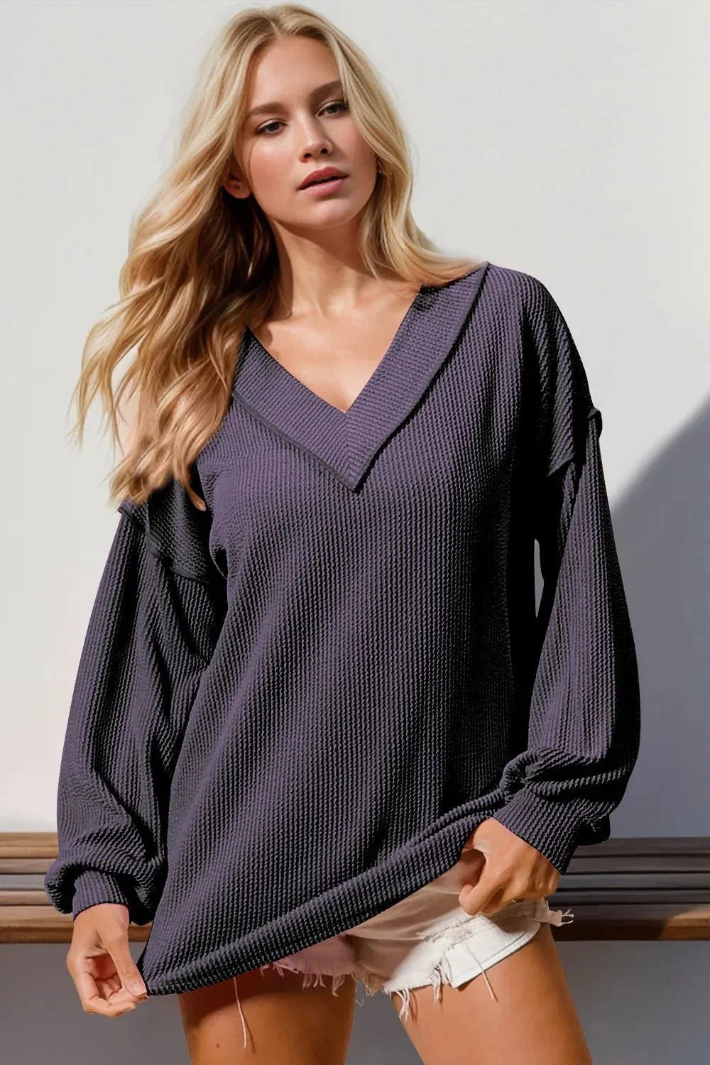 Double Take Exposed Seam Ribbed Textured V - Neck Long Sleeve T-Shirt - VILLA FASHION