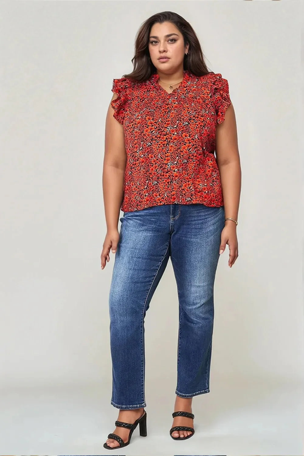 Double Take Floral Flutter Sleeve Notched Neck Blouse - VILLA FASHION