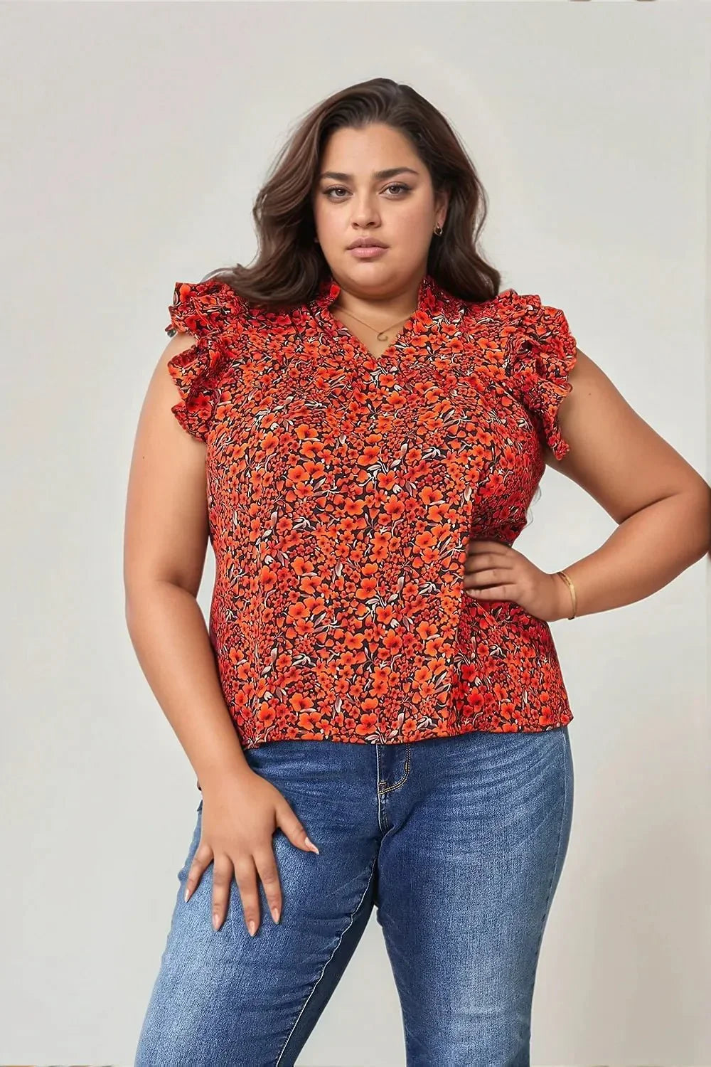 Double Take Floral Flutter Sleeve Notched Neck Blouse - VILLA FASHION