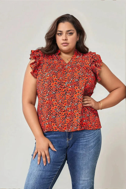 Double Take Floral Flutter Sleeve Notched Neck Blouse - VILLA FASHION